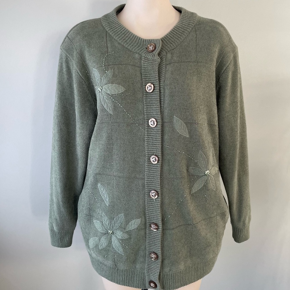 Vintage Embroidered Sequin Floral Knit Cardigan Jacket Sage Green Size L/XL